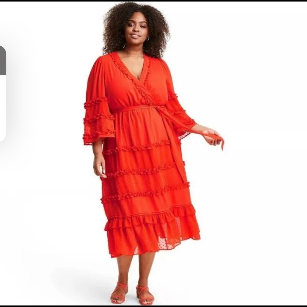 COPY - NWOT Red/Orange Belted Tiered Midi Dress size L